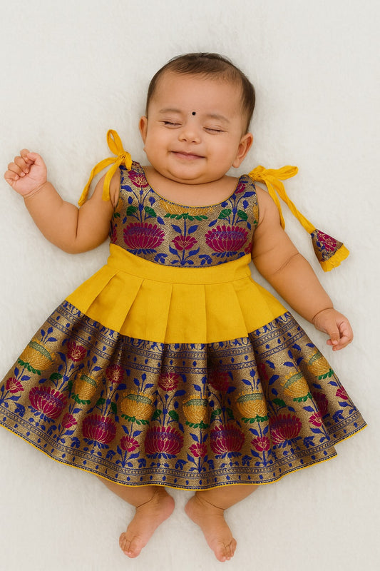 New Born Yellow With Blue Raw Silk Frock LF1589