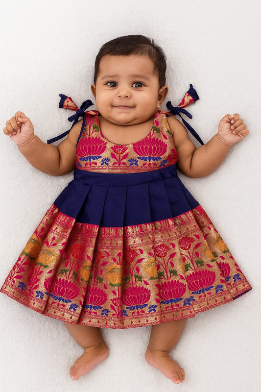 New Born Navy Blue With Pink Raw Silk Frock LF1588