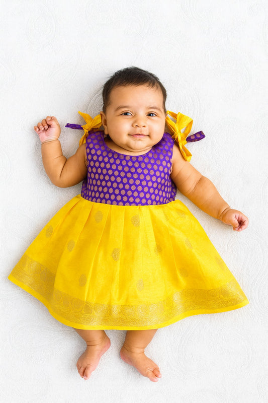 New Born Purple Yellow Pattu frock LF437
