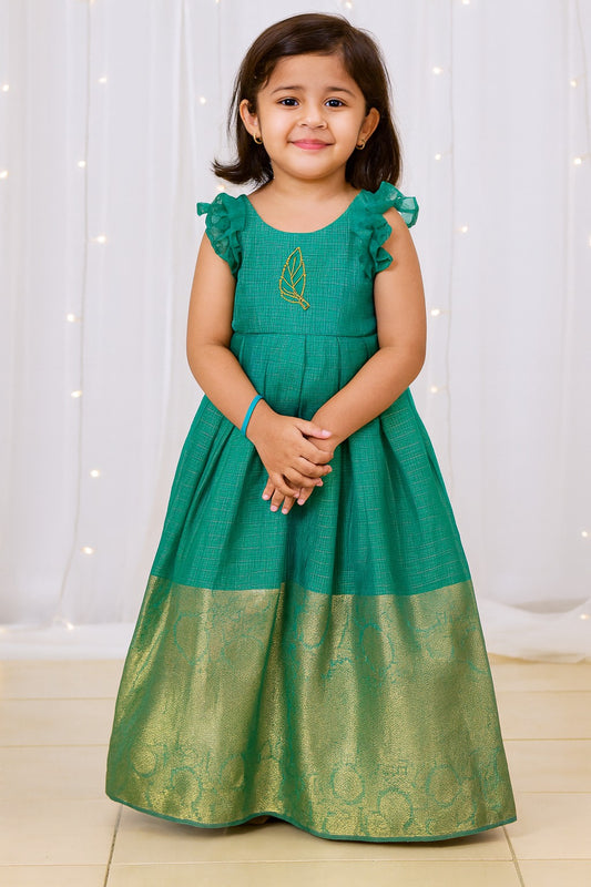 Kids Traditional Golden Jari With Rama Green Long Gown PG478