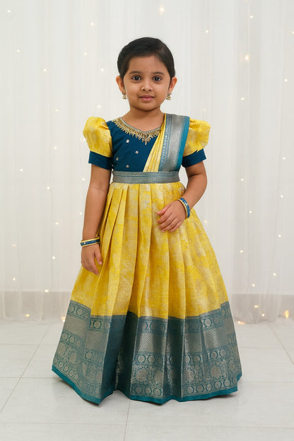 Kids Ramablue Yellow  Traditional  Gown with Shawl PG440