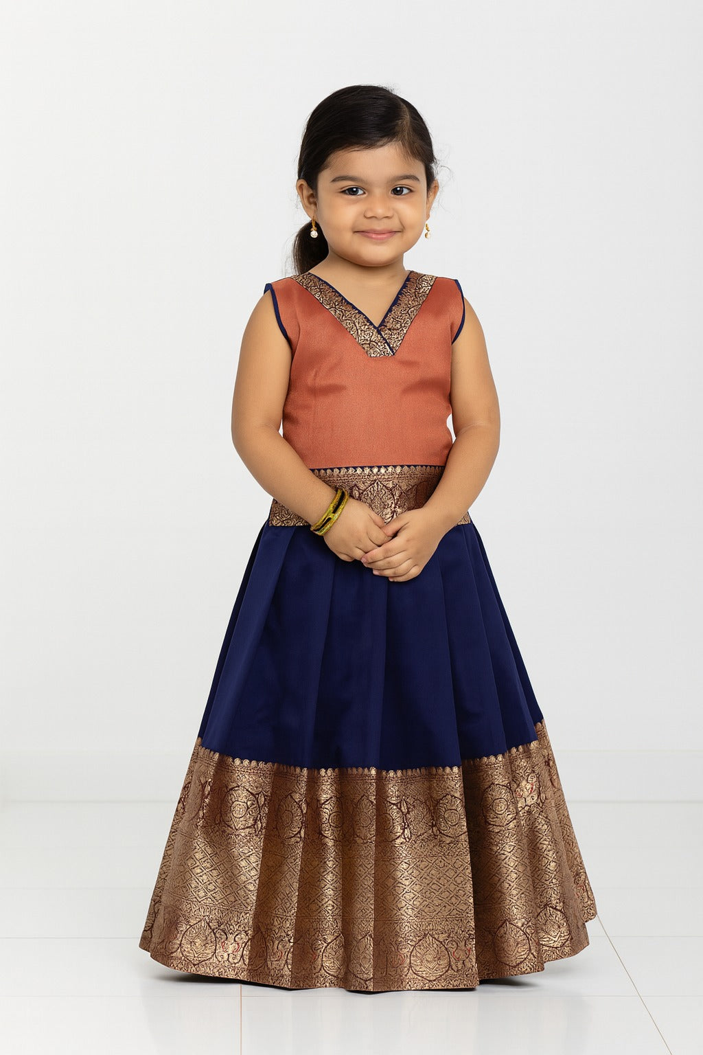 Kids Dark Peach with Navy BlueTraditional Pattupavadai PPP1720
