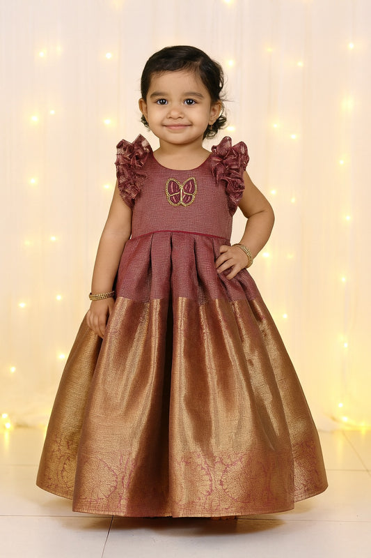 Kids Traditional Golden Jari With Purple Long Gown PG476