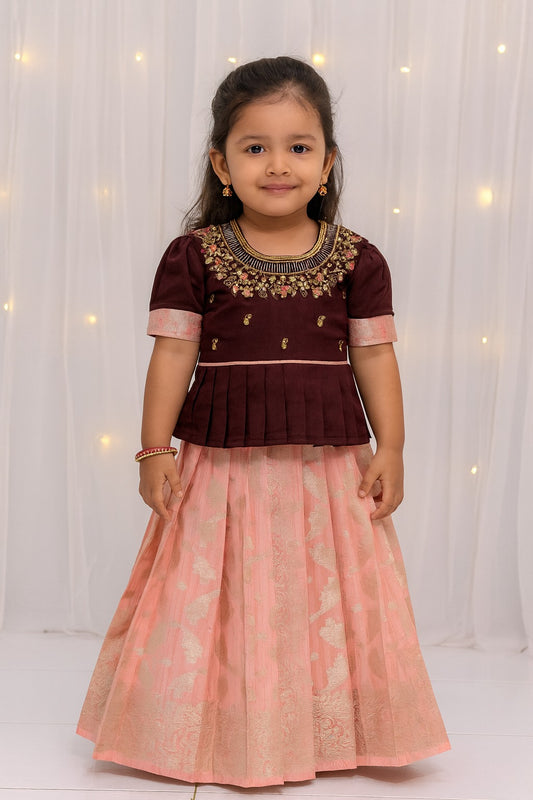 Kids Maroon and Peach Pattu Pavadai PPP1618