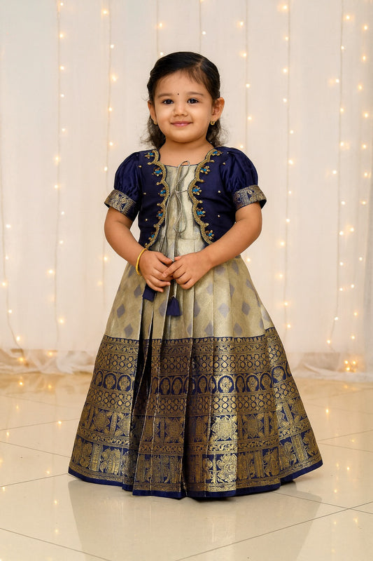 Kids Traditional Dark Blue Aari Coat Type Long Gown PG480