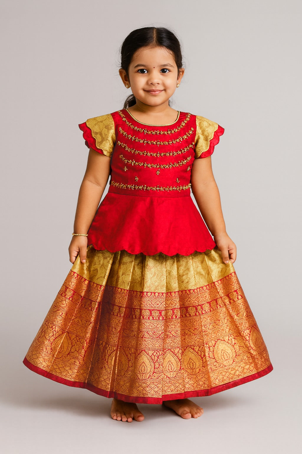 Kids red with Golden Traditional Aari Pattupavadai PPP1725