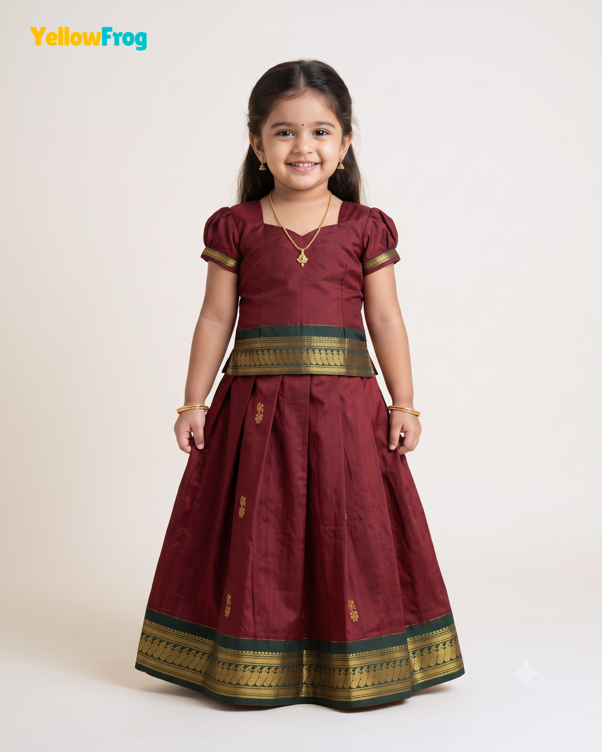 Girls Deep Maroon & Green Kalyani Cotton Pattu Pavadai Set  PPP2164