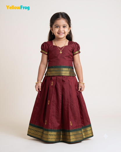 Girls Deep Maroon & Green Kalyani Cotton Pattu Pavadai Set  PPP2164