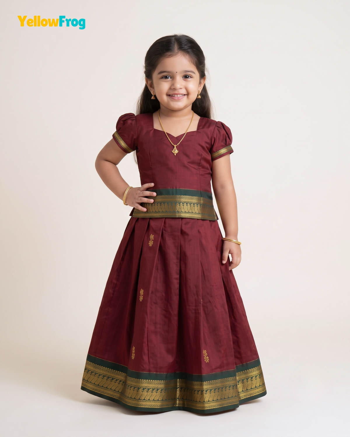 Girls Deep Maroon & Green Kalyani Cotton Pattu Pavadai Set  PPP2164