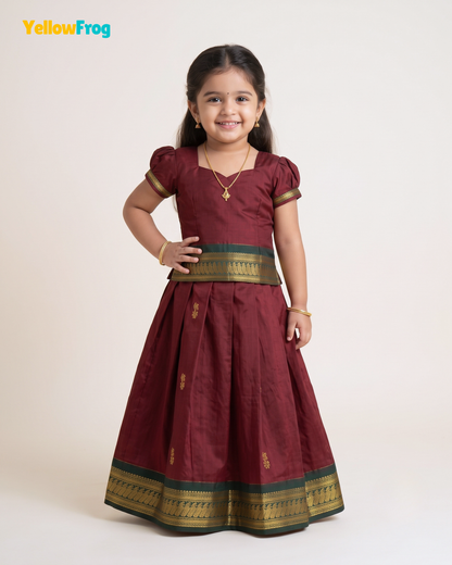 Girls Deep Maroon & Green Kalyani Cotton Pattu Pavadai Set  PPP2164