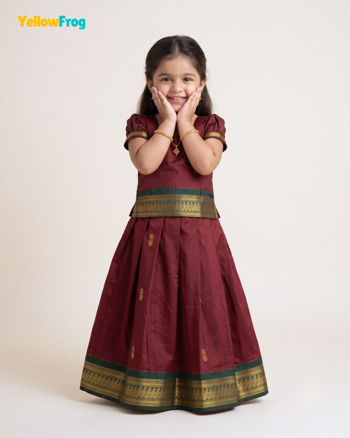 Girls Deep Maroon & Green Kalyani Cotton Pattu Pavadai Set  PPP2164