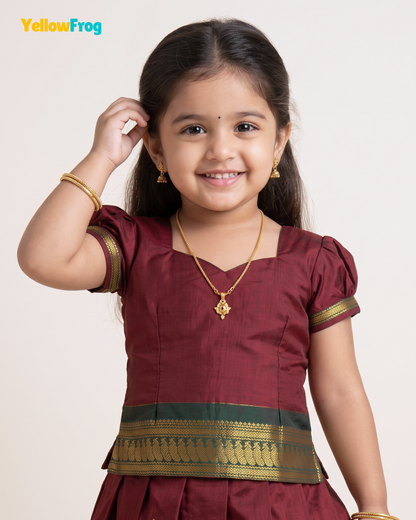 Girls Deep Maroon & Green Kalyani Cotton Pattu Pavadai Set  PPP2164