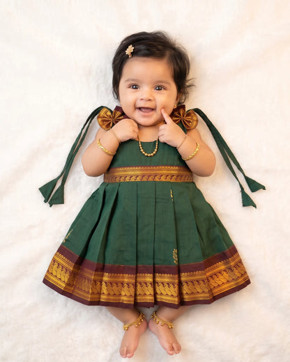 Newborn Baby Girl Dark Green Traditional Kalyani Cotton Frock LF2058