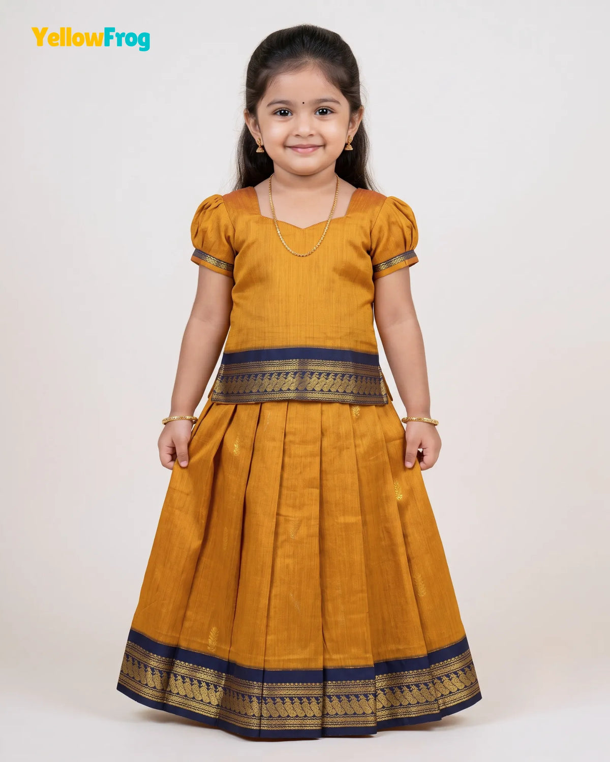 Girls Mustard & Navy Kalyani Cotton Pattu Puff Sleeve Pavadai Set  PPP2150