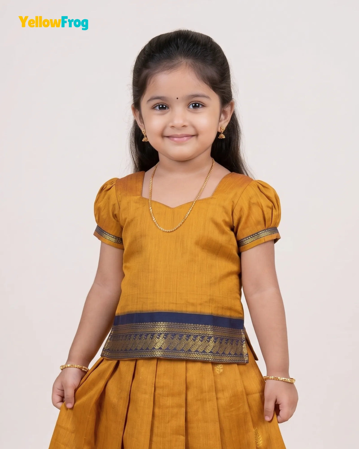 Girls Mustard & Navy Kalyani Cotton Pattu Puff Sleeve Pavadai Set  PPP2150