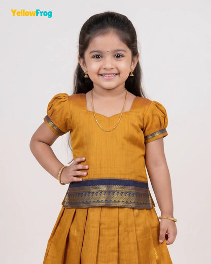 Girls Mustard & Navy Kalyani Cotton Pattu Puff Sleeve Pavadai Set  PPP2150