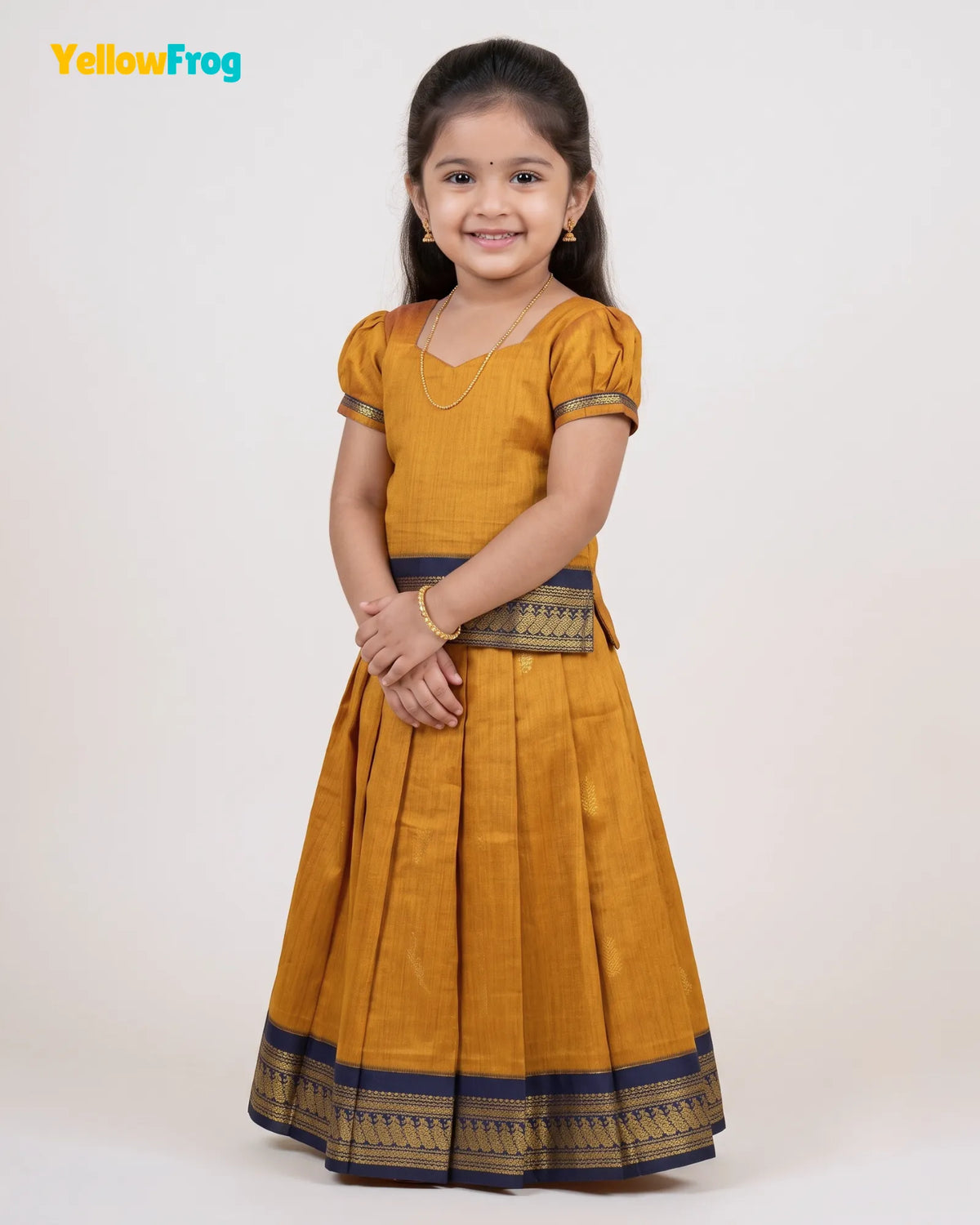 Girls Mustard & Navy Kalyani Cotton Pattu Puff Sleeve Pavadai Set  PPP2150