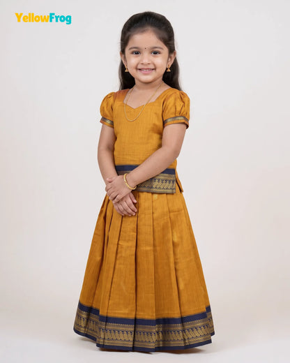Girls Mustard & Navy Kalyani Cotton Pattu Puff Sleeve Pavadai Set  PPP2150