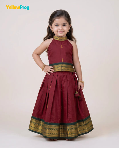 Girls Maroon & Green Kalyani Cotton Halter Neck Pavadai Set PPP2168