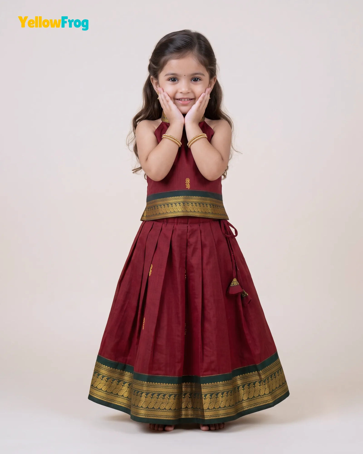 Girls Maroon & Green Kalyani Cotton Halter Neck Pavadai Set PPP2168