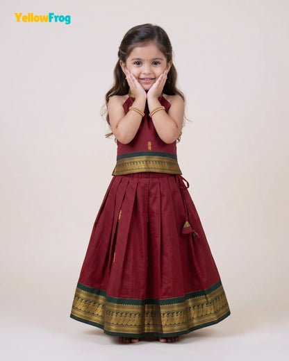 Girls Maroon & Green Kalyani Cotton Halter Neck Pavadai Set PPP2168