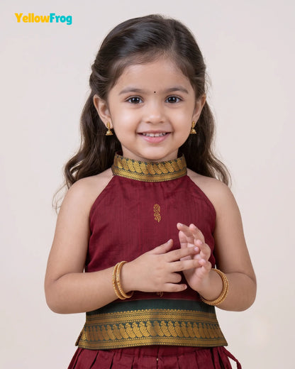 Girls Maroon & Green Kalyani Cotton Halter Neck Pavadai Set PPP2168