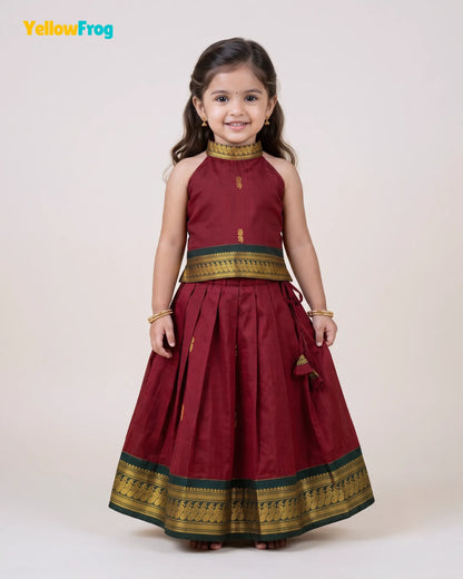 Girls Maroon & Green Kalyani Cotton Halter Neck Pavadai Set PPP2168