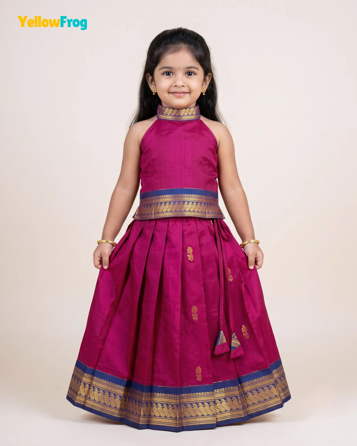 Girls Magenta Kalyani Cotton Traditional Halter Neck Pavadai Set PPP2166