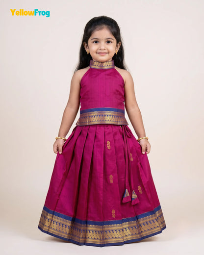 Girls Magenta Kalyani Cotton Traditional Halter Neck Pavadai Set PPP2166