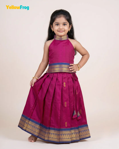 Girls Magenta Kalyani Cotton Traditional Halter Neck Pavadai Set PPP2166