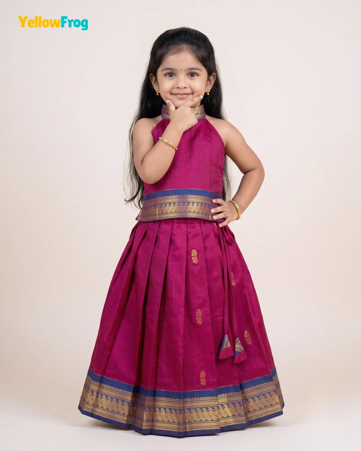 Girls Magenta Kalyani Cotton Traditional Halter Neck Pavadai Set PPP2166