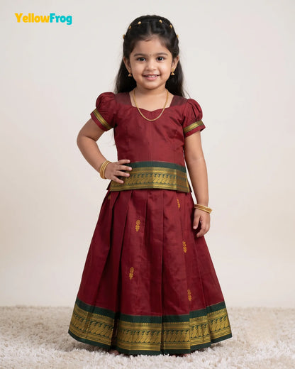 Girls Maroon & Green Kalyani Cotton Pattu Puff Sleeve Pavadai Set PPP2162
