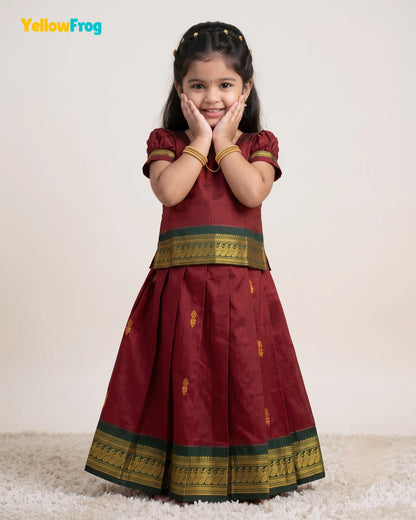 Girls Maroon & Green Kalyani Cotton Pattu Puff Sleeve Pavadai Set PPP2162