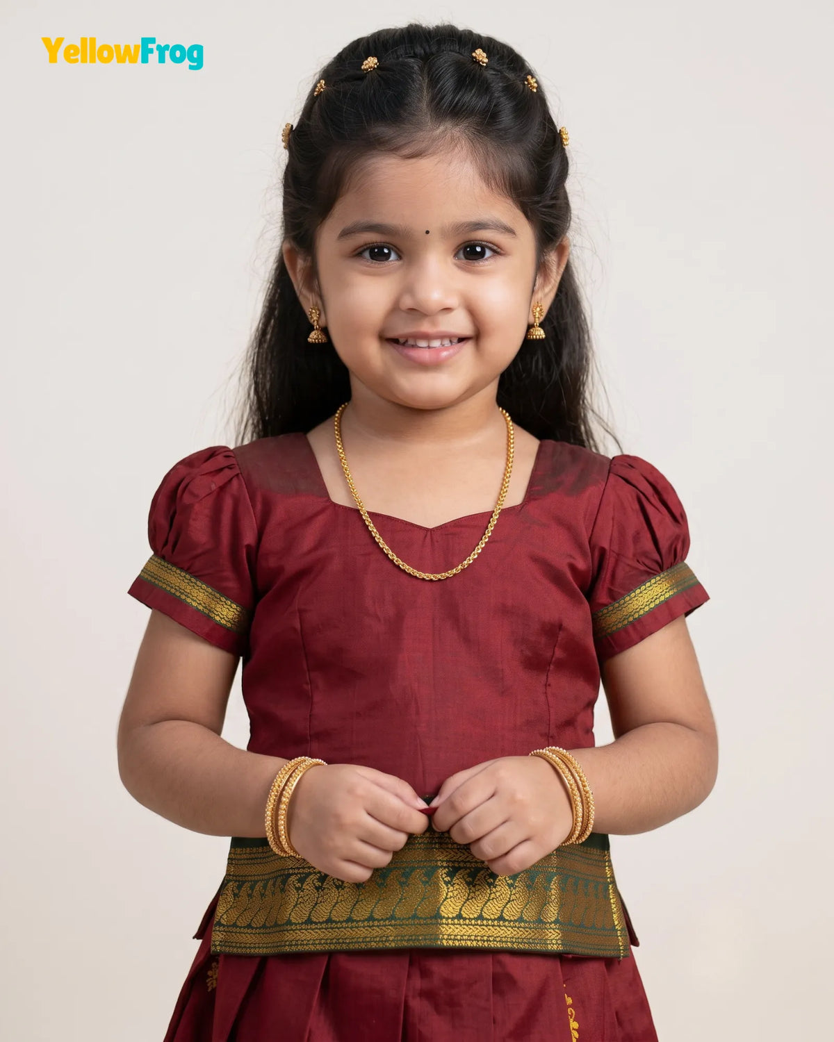 Girls Maroon & Green Kalyani Cotton Pattu Puff Sleeve Pavadai Set PPP2162