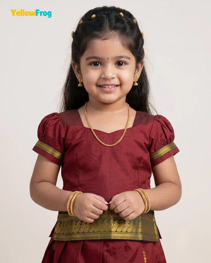 Girls Maroon & Green Kalyani Cotton Pattu Puff Sleeve Pavadai Set PPP2162