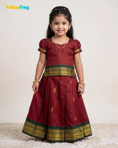Girls Maroon & Green Kalyani Cotton Pattu Puff Sleeve Pavadai Set PPP2162