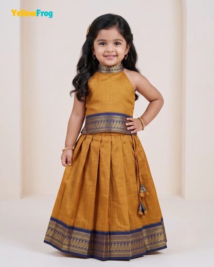 Girls Mustard & Navy Kalyani Cotton Pattu Halter Neck Pavadai Set PPP2155