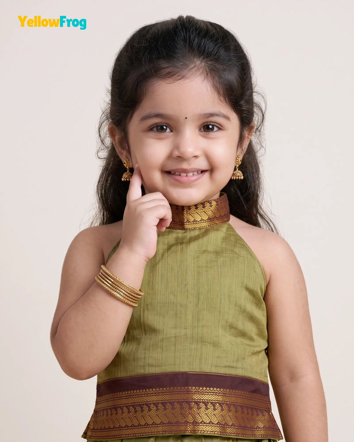 Girls Olive & Maroon Kalyani Cotton Halter Neck Pavadai Set  PPP2167