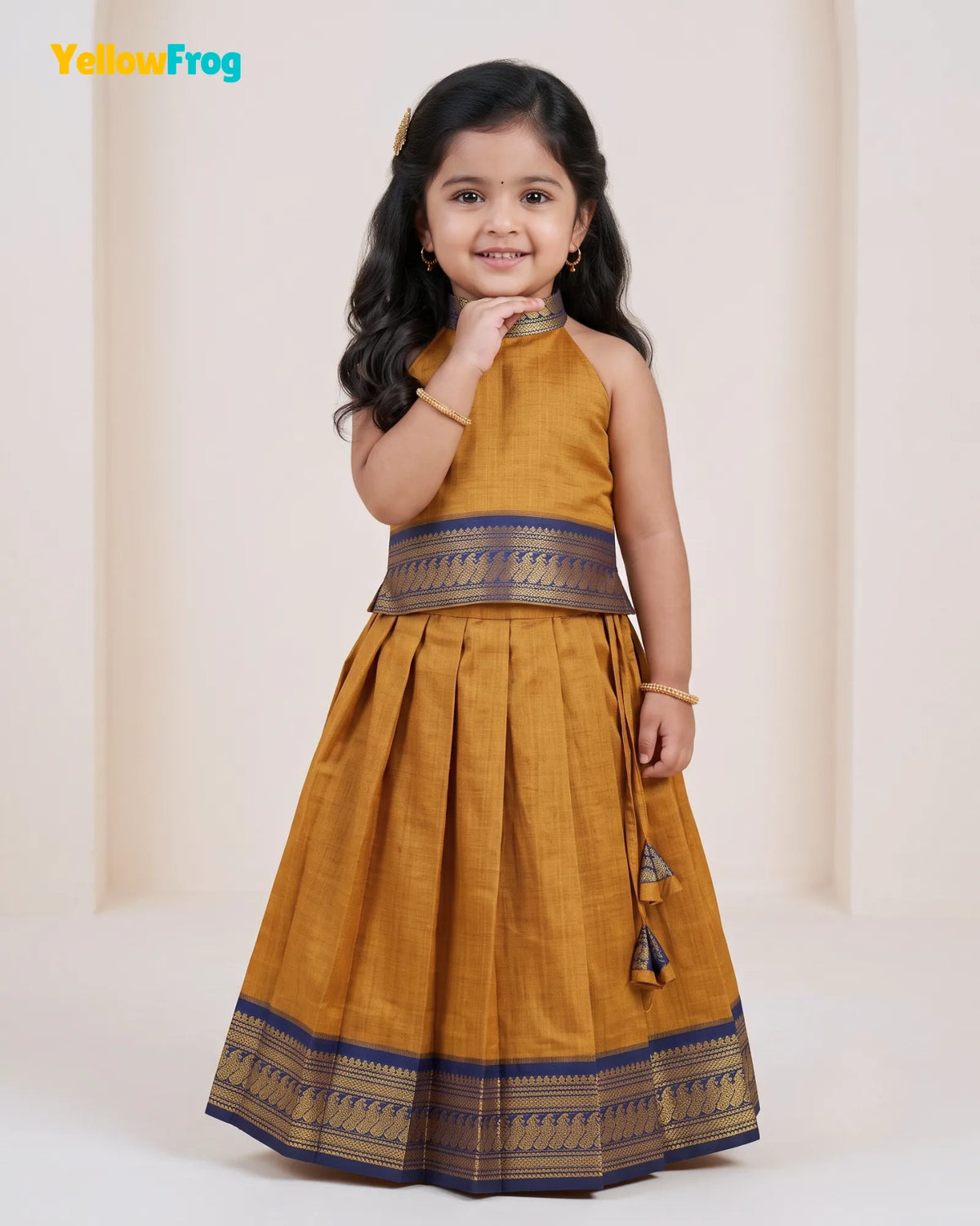 Girls Mustard & Navy Kalyani Cotton Pattu Halter Neck Pavadai Set PPP2155
