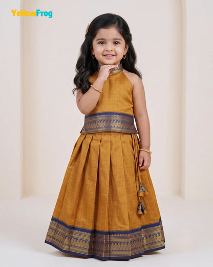 Girls Mustard & Navy Kalyani Cotton Pattu Halter Neck Pavadai Set PPP2155
