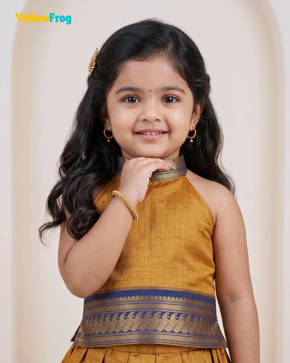 Girls Mustard & Navy Kalyani Cotton Pattu Halter Neck Pavadai Set PPP2155