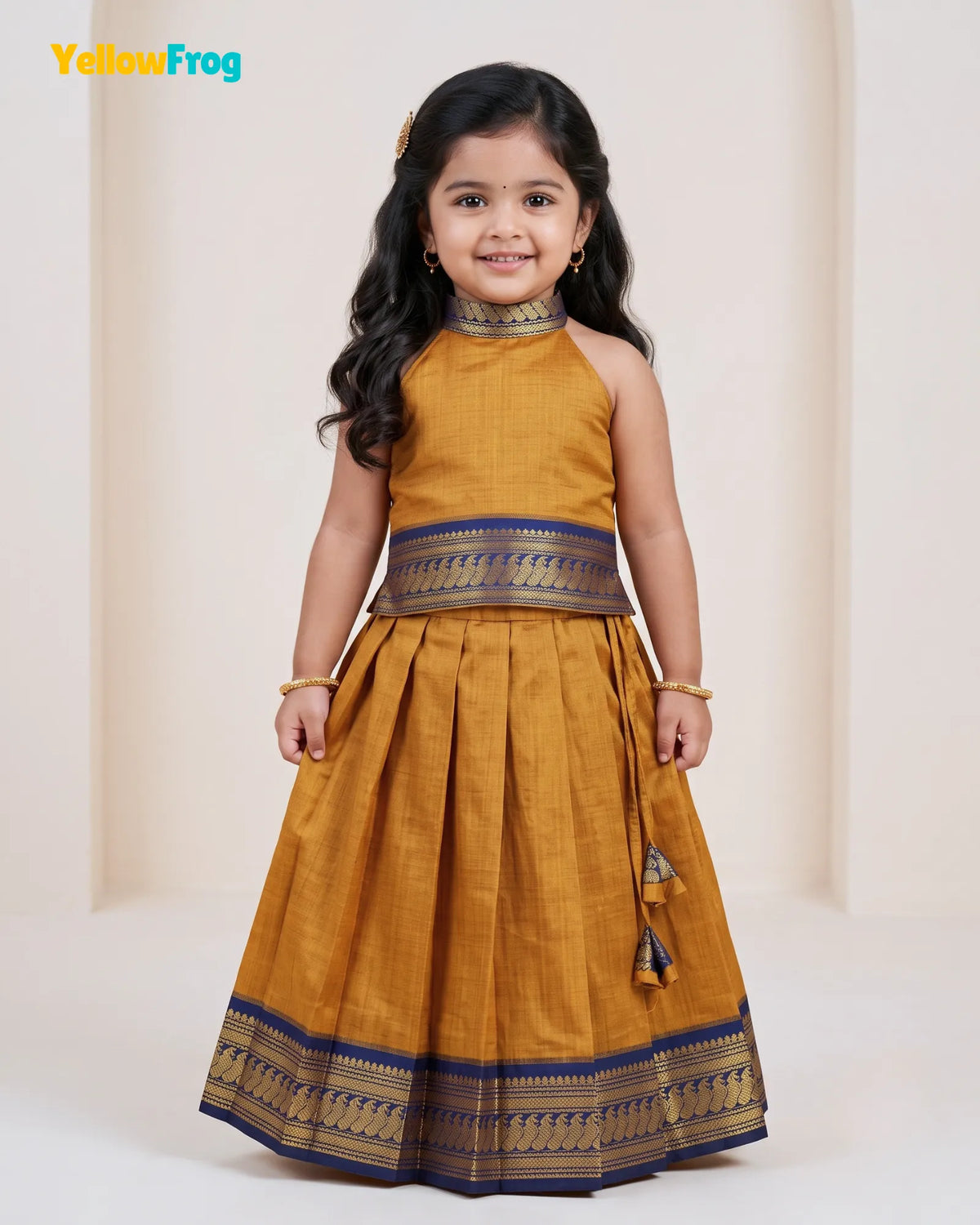 Girls Mustard & Navy Kalyani Cotton Pattu Halter Neck Pavadai Set PPP2155