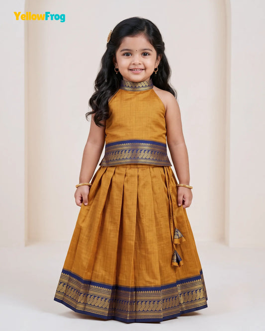 Girls Mustard & Navy Kalyani Cotton Pattu Halter Neck Pavadai Set PPP2155