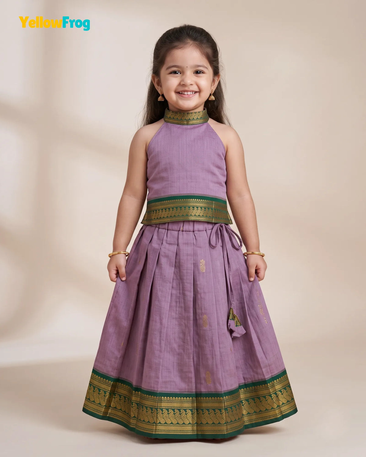 Girls Lilac & Green Kalyani Cotton Pattu Halter Neck Pavadai Set PPP2153