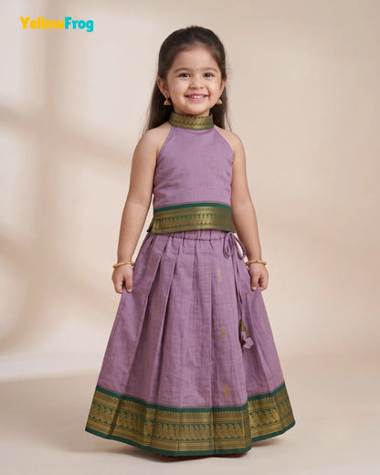 Girls Lilac & Green Kalyani Cotton Pattu Halter Neck Pavadai Set PPP2153