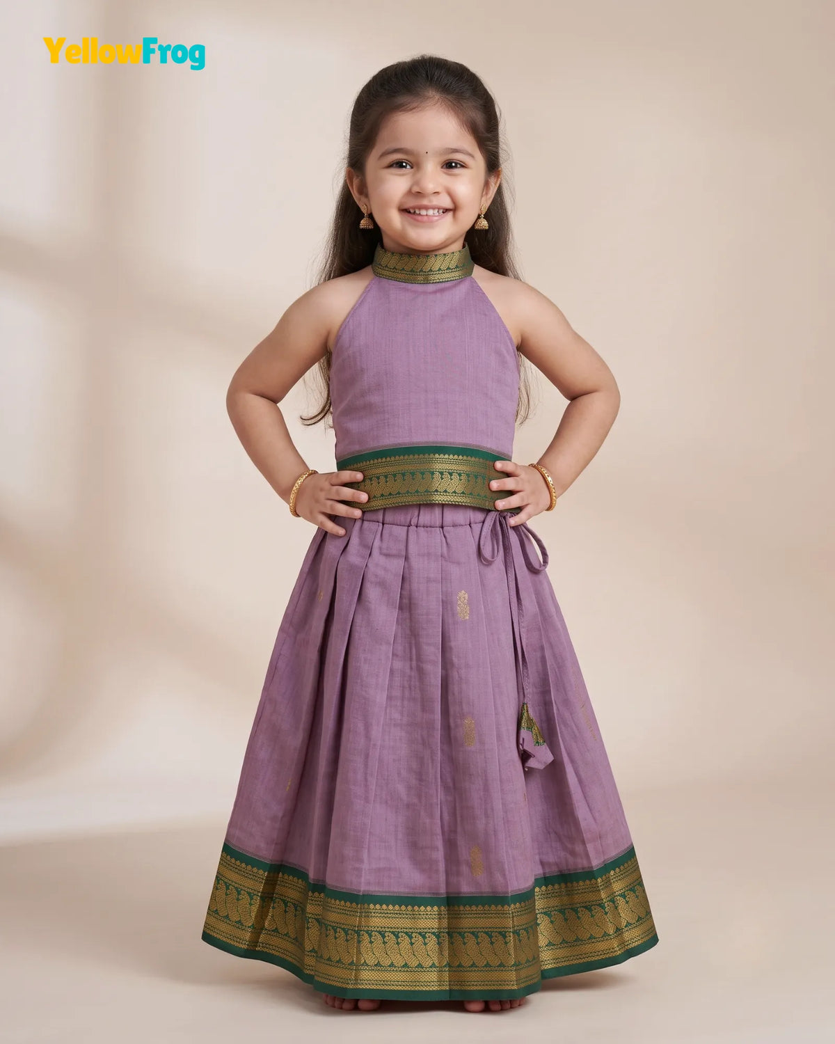 Girls Lilac & Green Kalyani Cotton Pattu Halter Neck Pavadai Set PPP2153
