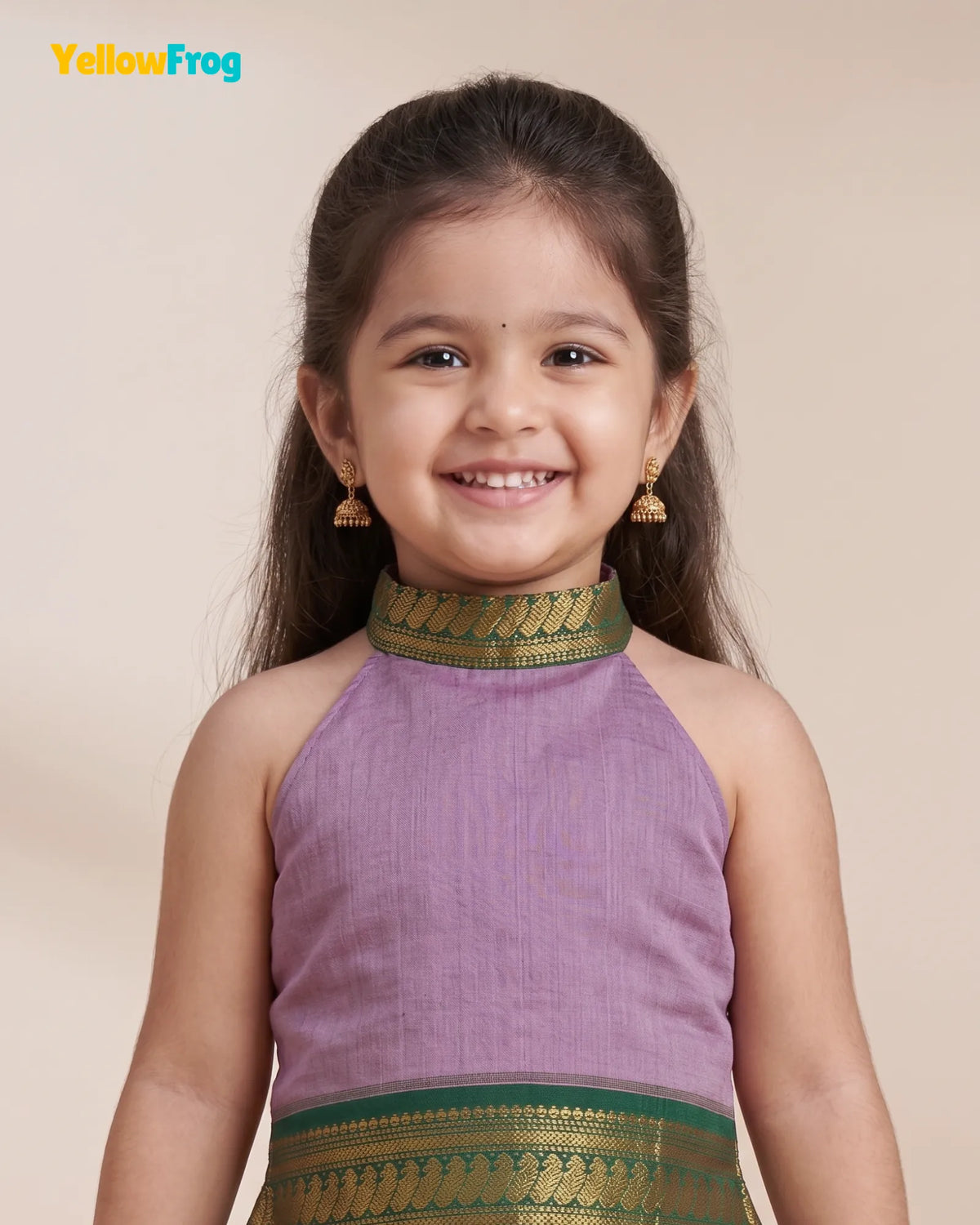 Girls Lilac & Green Kalyani Cotton Pattu Halter Neck Pavadai Set PPP2153