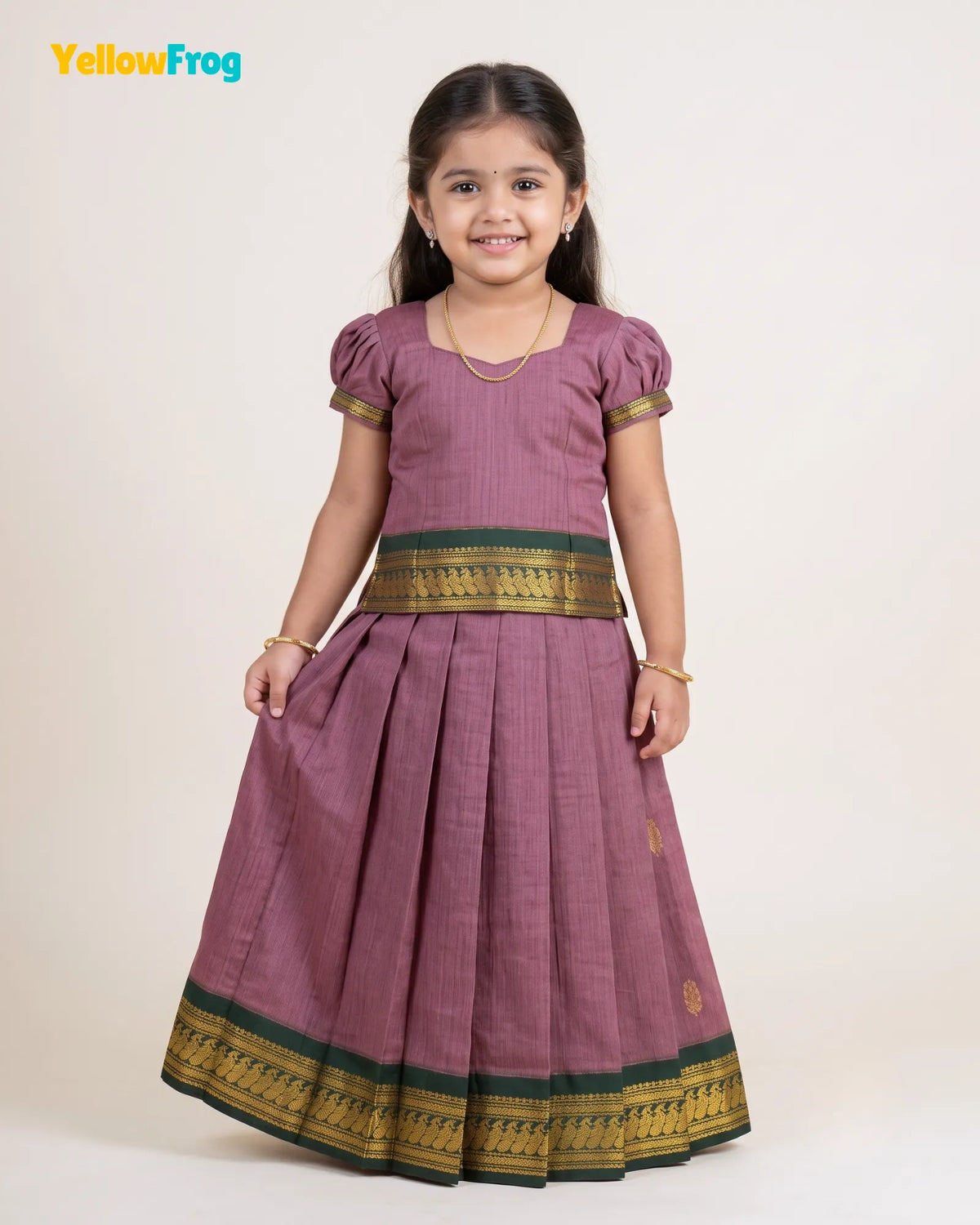 Girls Mauve & Green Kalyani Cotton Pattu Puff Sleeve Pavadai Set PPP2151