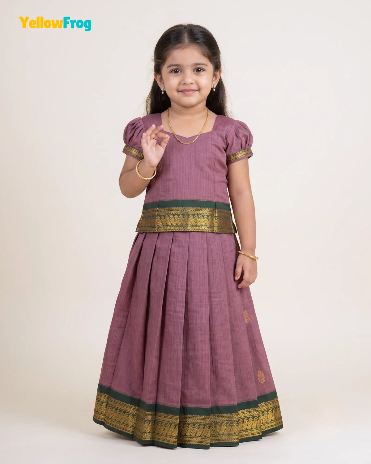 Girls Mauve & Green Kalyani Cotton Pattu Puff Sleeve Pavadai Set PPP2151
