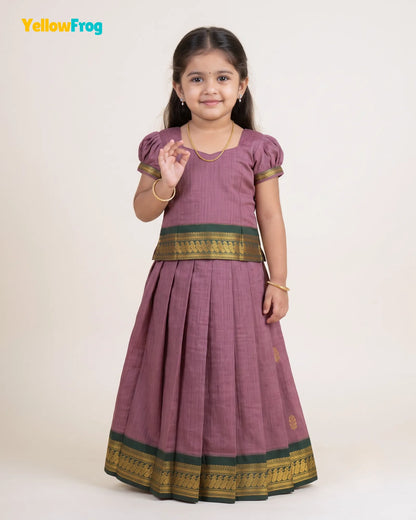 Girls Mauve & Green Kalyani Cotton Pattu Puff Sleeve Pavadai Set PPP2151